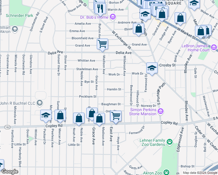 map of restaurants, bars, coffee shops, grocery stores, and more near 927 Hamlin Street in Akron