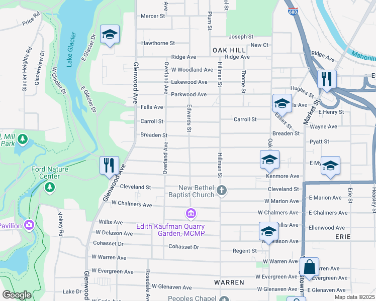 map of restaurants, bars, coffee shops, grocery stores, and more near 411 Garfield Street in Youngstown