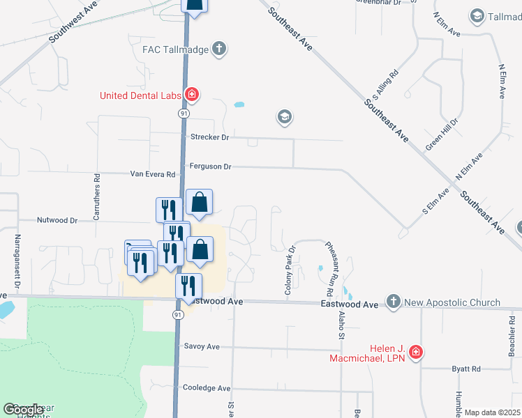 map of restaurants, bars, coffee shops, grocery stores, and more near 487 Treasure Lane in Tallmadge