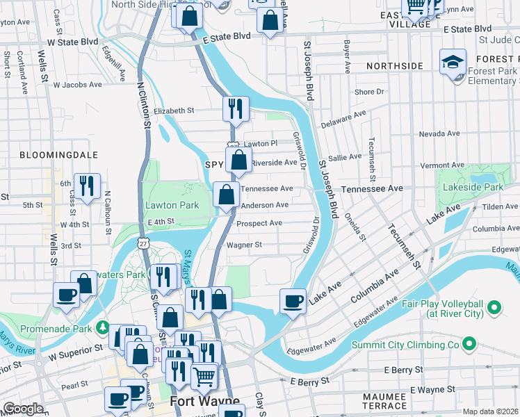 map of restaurants, bars, coffee shops, grocery stores, and more near 633 Prospect Avenue in Fort Wayne