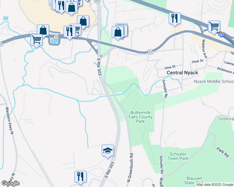 map of restaurants, bars, coffee shops, grocery stores, and more near 65 South Greenbush Road in West Nyack