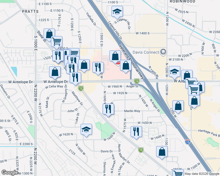 map of restaurants, bars, coffee shops, grocery stores, and more near 1665 West 1960 North in Layton