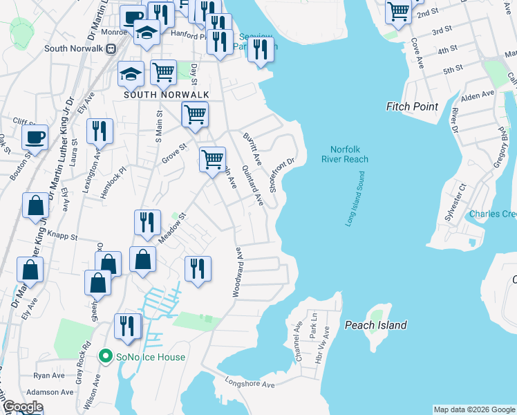 map of restaurants, bars, coffee shops, grocery stores, and more near 49 Quintard Avenue in Norwalk