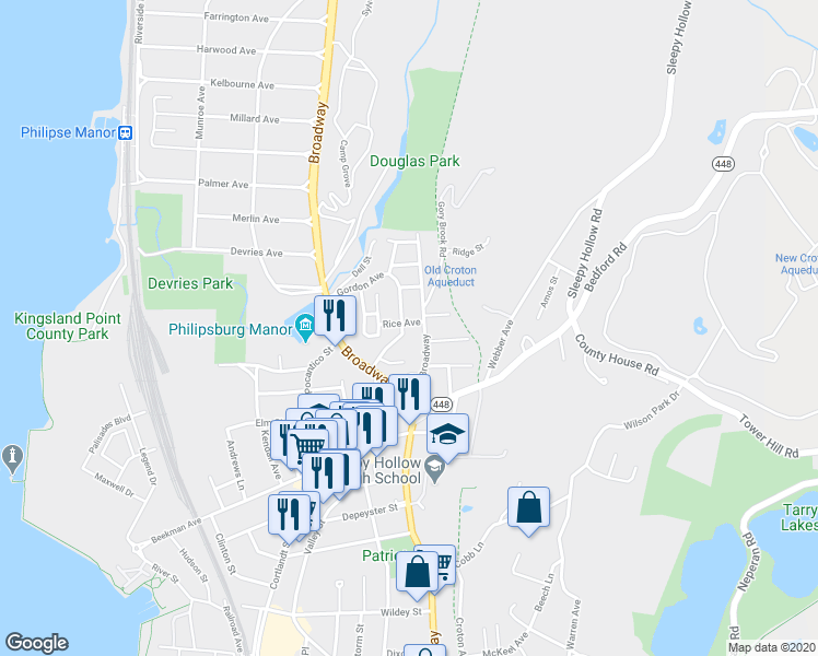 map of restaurants, bars, coffee shops, grocery stores, and more near 100 Rice Avenue in Sleepy Hollow