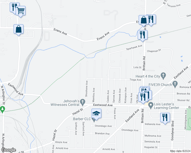 map of restaurants, bars, coffee shops, grocery stores, and more near 873 Manitou Avenue in Akron
