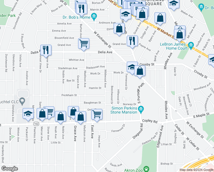 map of restaurants, bars, coffee shops, grocery stores, and more near 351 Wildwood Avenue in Akron