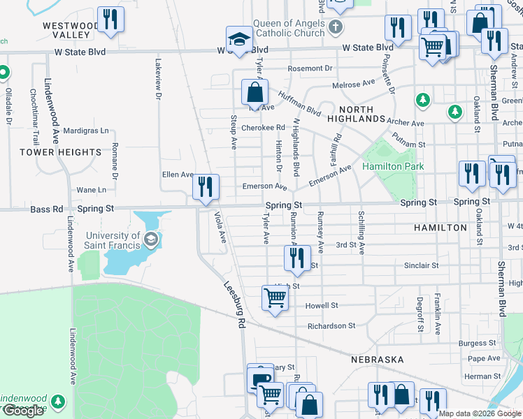 map of restaurants, bars, coffee shops, grocery stores, and more near 1916 West 4th Street in Fort Wayne