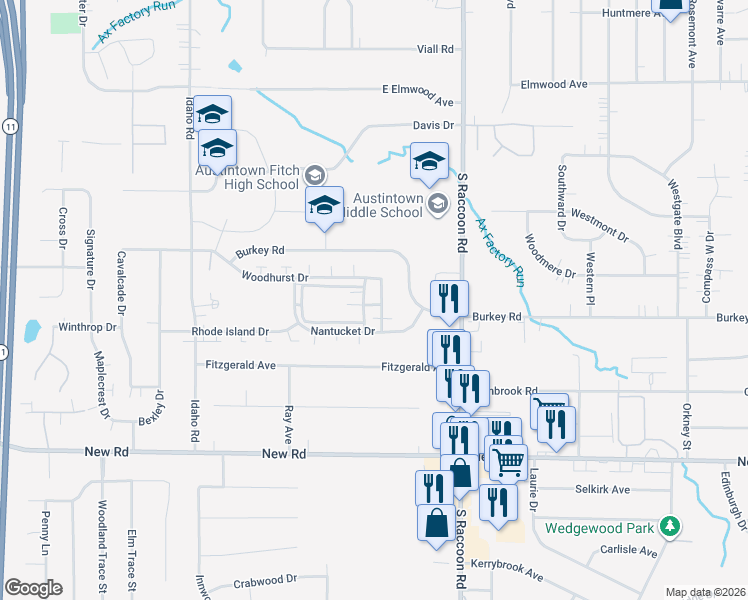 map of restaurants, bars, coffee shops, grocery stores, and more near 1290 Woodhurst Drive in Youngstown