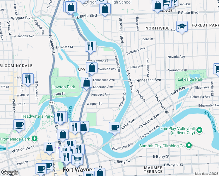 map of restaurants, bars, coffee shops, grocery stores, and more near 706 Anderson Avenue in Fort Wayne