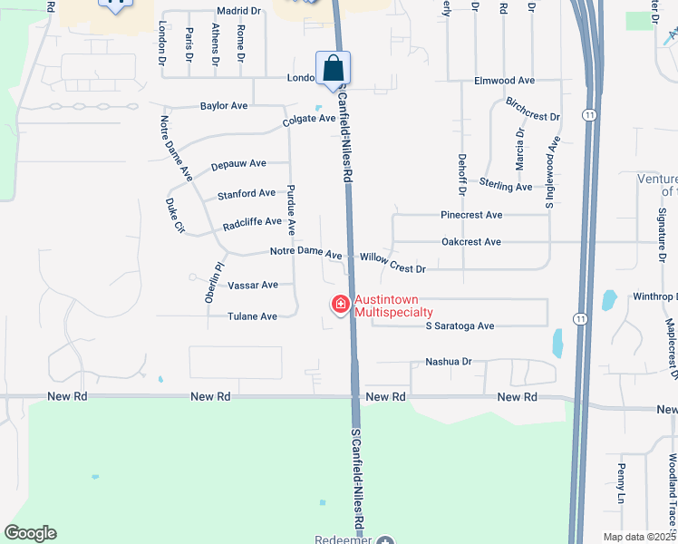 map of restaurants, bars, coffee shops, grocery stores, and more near 1420 South Canfield-Niles Road in Youngstown
