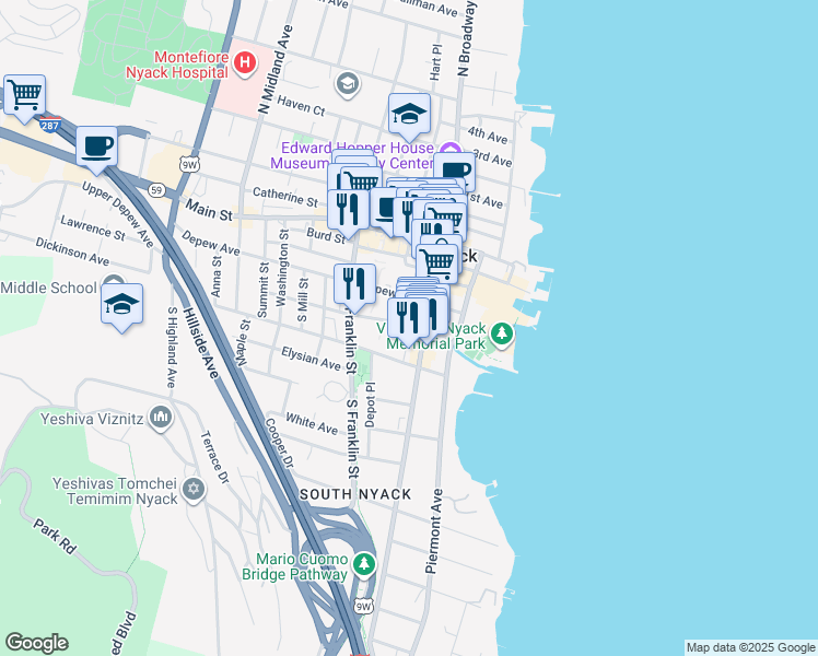 map of restaurants, bars, coffee shops, grocery stores, and more near 45 Hudson Avenue in Nyack