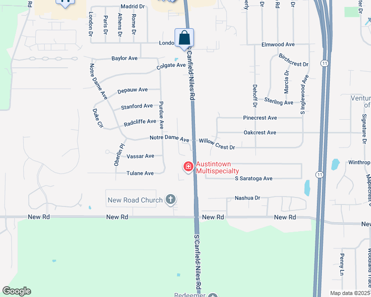 map of restaurants, bars, coffee shops, grocery stores, and more near 1420 South Canfield-Niles Road in Youngstown