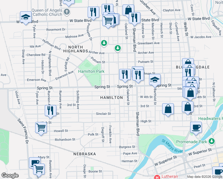 map of restaurants, bars, coffee shops, grocery stores, and more near 1118 West 4th Street in Fort Wayne