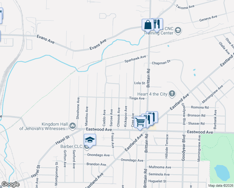 map of restaurants, bars, coffee shops, grocery stores, and more near 1320 Tioga Avenue in Akron