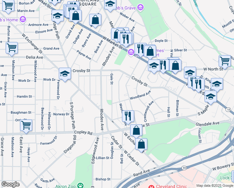 map of restaurants, bars, coffee shops, grocery stores, and more near 183 Gale Street in Akron