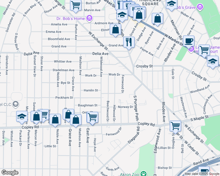 map of restaurants, bars, coffee shops, grocery stores, and more near 364 Hillwood Drive in Akron