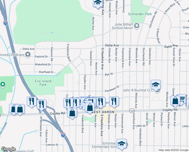 map of restaurants, bars, coffee shops, grocery stores, and more near 785 Seward Avenue in Akron