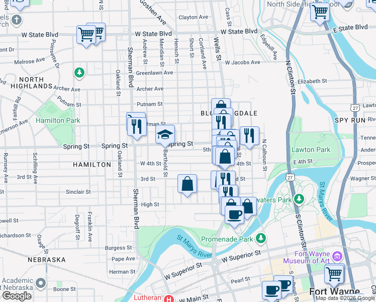 map of restaurants, bars, coffee shops, grocery stores, and more near 612 West 4th Street in Fort Wayne