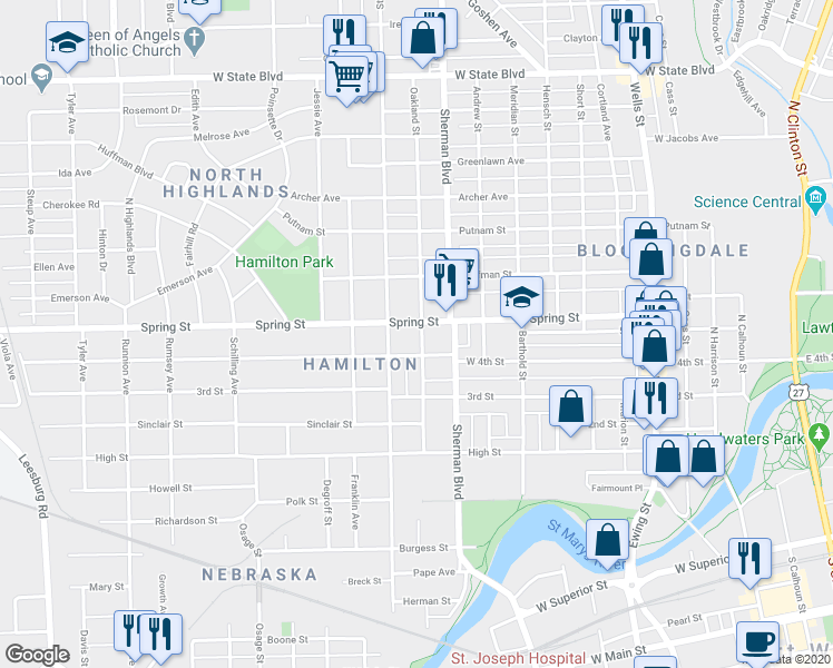 map of restaurants, bars, coffee shops, grocery stores, and more near 1010 West 4th Street in Fort Wayne