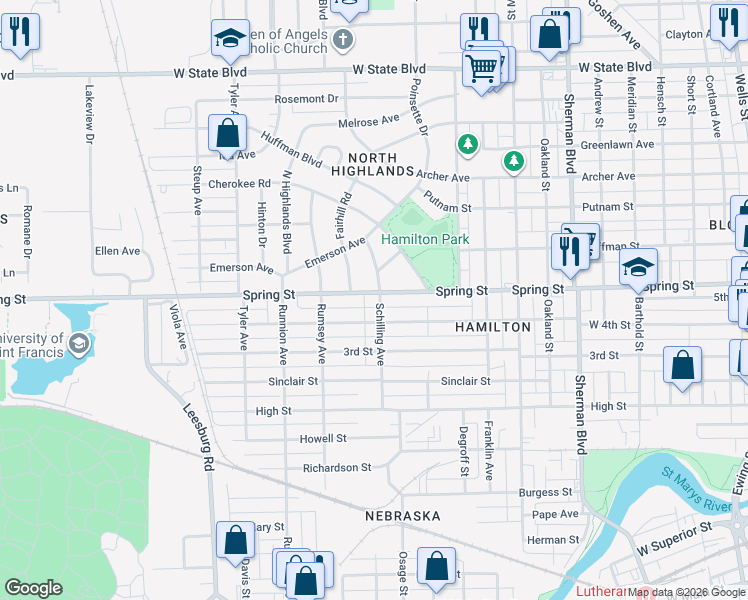 map of restaurants, bars, coffee shops, grocery stores, and more near 1611 West 4th Street in Fort Wayne
