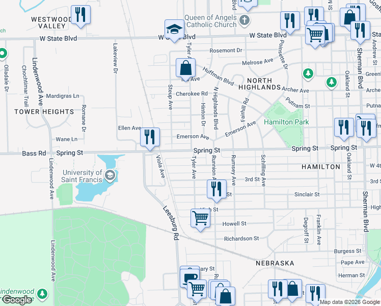 map of restaurants, bars, coffee shops, grocery stores, and more near 1916 West 4th Street in Fort Wayne
