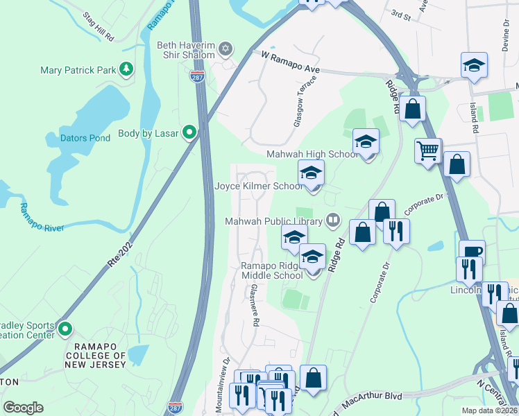 map of restaurants, bars, coffee shops, grocery stores, and more near 511 Green Mountain Road in Mahwah