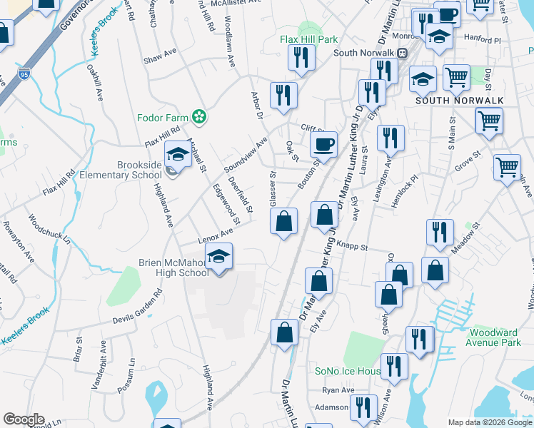 map of restaurants, bars, coffee shops, grocery stores, and more near 44 Lenox Avenue in Norwalk