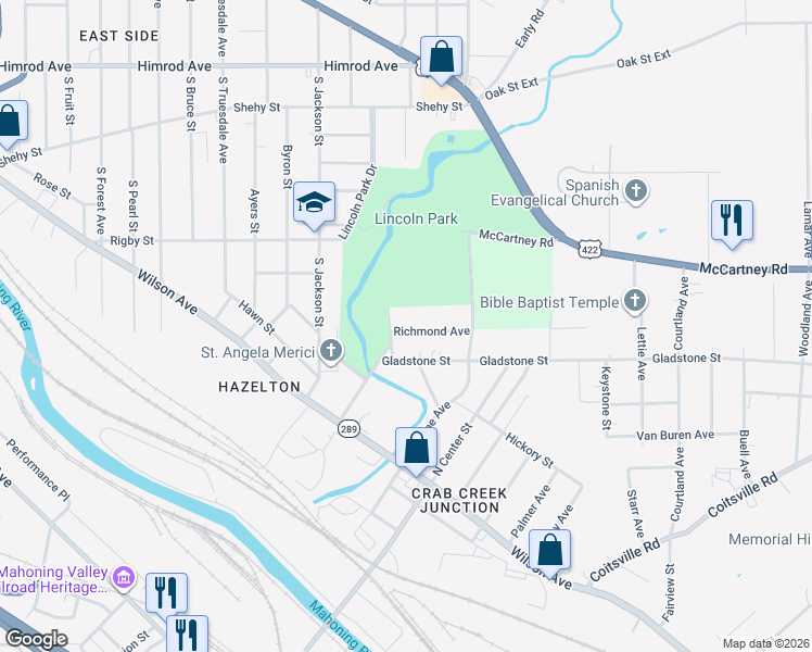 map of restaurants, bars, coffee shops, grocery stores, and more near 1684 Richmond Avenue in Youngstown