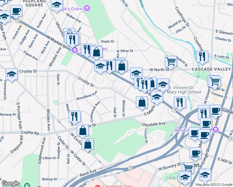 map of restaurants, bars, coffee shops, grocery stores, and more near 80 Hall Street in Akron