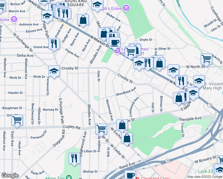 map of restaurants, bars, coffee shops, grocery stores, and more near 43 Woodland Avenue in Akron