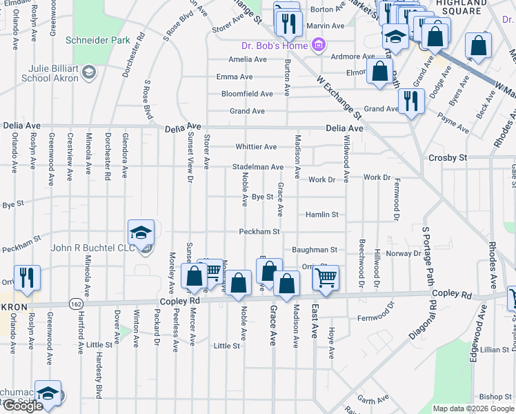 map of restaurants, bars, coffee shops, grocery stores, and more near 351 Noble Avenue in Akron