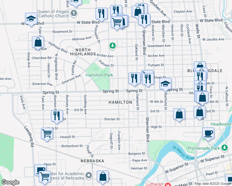 map of restaurants, bars, coffee shops, grocery stores, and more near 1218 West 4th Street in Fort Wayne