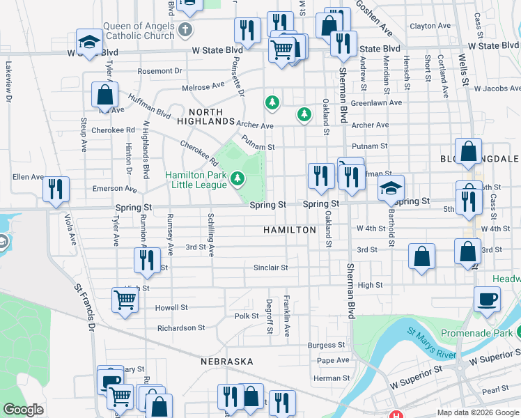 map of restaurants, bars, coffee shops, grocery stores, and more near 1326 West 4th Street in Fort Wayne