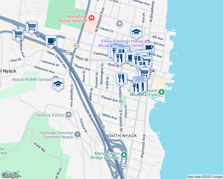 map of restaurants, bars, coffee shops, grocery stores, and more near 83 Cedar Hill Avenue in Nyack