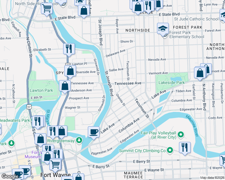 map of restaurants, bars, coffee shops, grocery stores, and more near 1318 Saint Joseph Boulevard in Fort Wayne