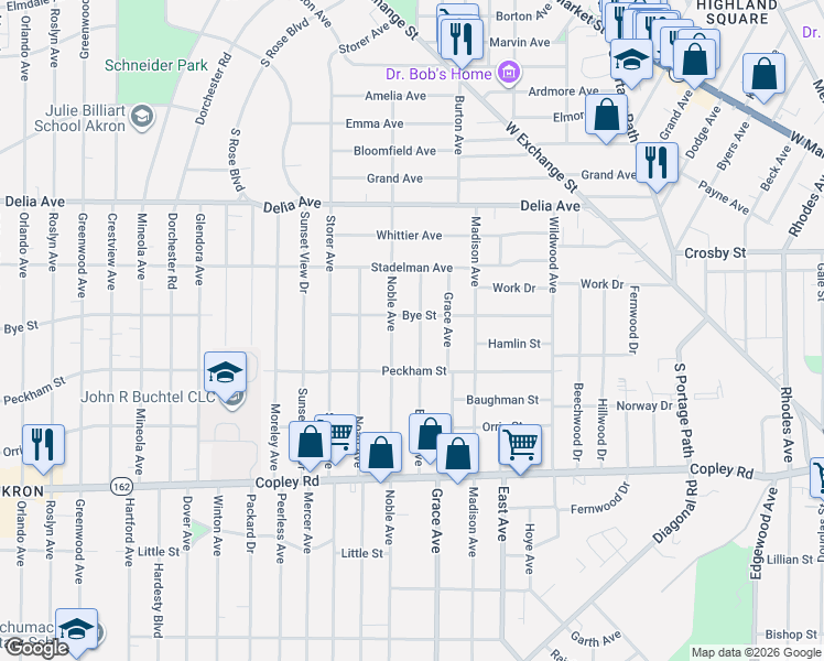 map of restaurants, bars, coffee shops, grocery stores, and more near 351 Noble Avenue in Akron