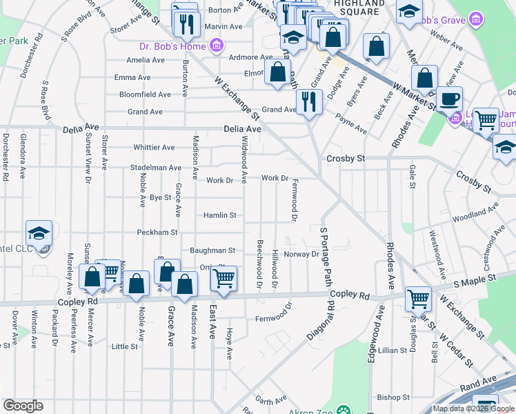 map of restaurants, bars, coffee shops, grocery stores, and more near 342 Beechwood Drive in Akron