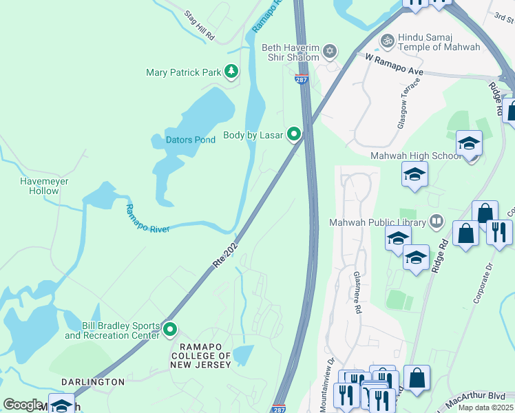 map of restaurants, bars, coffee shops, grocery stores, and more near 398 Ramapo Valley Road in Mahwah
