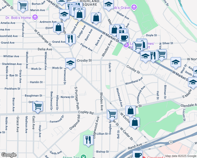 map of restaurants, bars, coffee shops, grocery stores, and more near 223 Rhodes Avenue in Akron