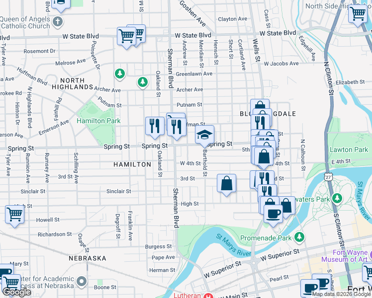 map of restaurants, bars, coffee shops, grocery stores, and more near 1505 Andrew Street in Fort Wayne