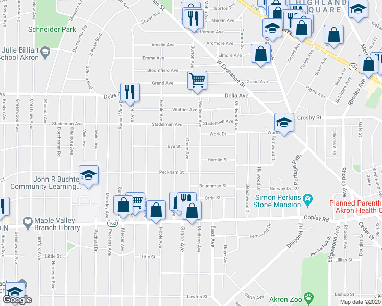 map of restaurants, bars, coffee shops, grocery stores, and more near 325 Grace Avenue in Akron