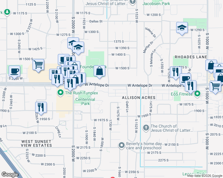 map of restaurants, bars, coffee shops, grocery stores, and more near 1718 West 1830 South in Syracuse