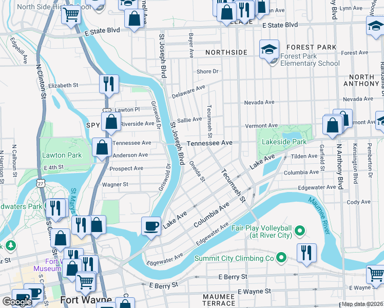 map of restaurants, bars, coffee shops, grocery stores, and more near 1318 Saint Joseph Boulevard in Fort Wayne