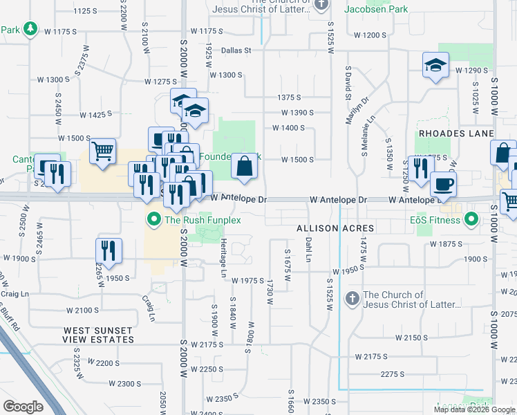 map of restaurants, bars, coffee shops, grocery stores, and more near 1786 West 1825 South in Syracuse