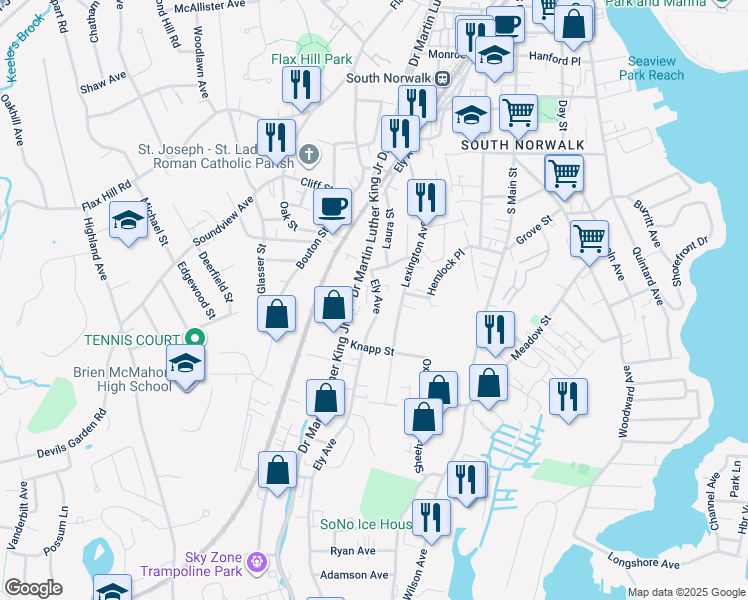 map of restaurants, bars, coffee shops, grocery stores, and more near 213 Ely Avenue in Norwalk