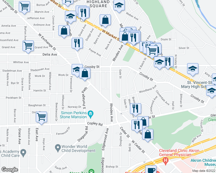 map of restaurants, bars, coffee shops, grocery stores, and more near 223 Rhodes Avenue in Akron