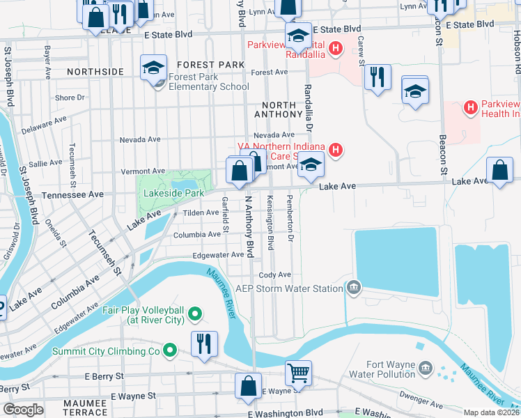 map of restaurants, bars, coffee shops, grocery stores, and more near 1310 N Anthony Blvd in Fort Wayne
