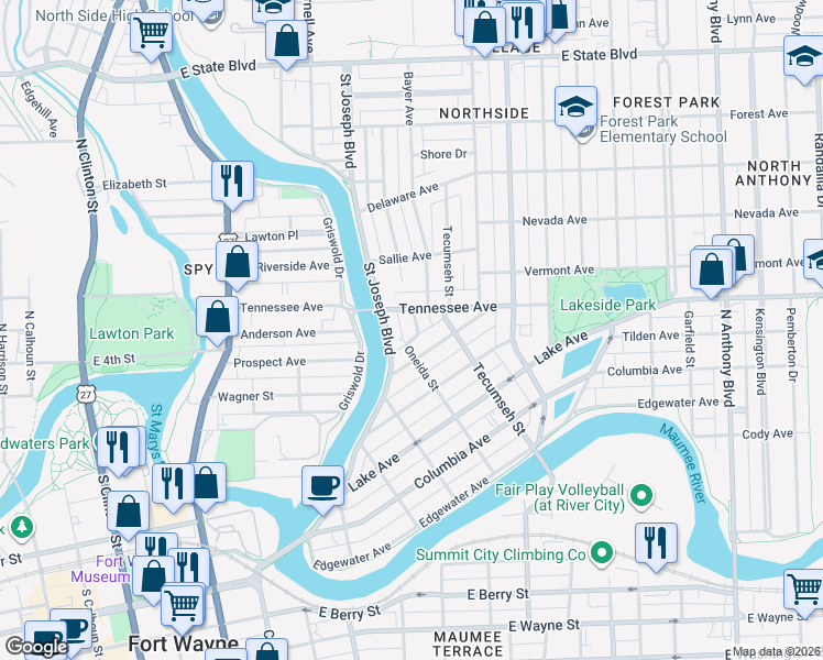 map of restaurants, bars, coffee shops, grocery stores, and more near 1318 Saint Joseph Boulevard in Fort Wayne