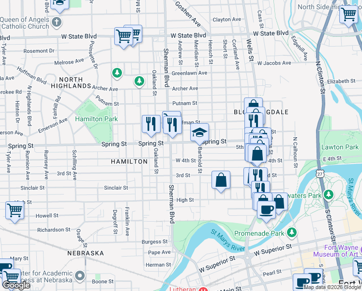 map of restaurants, bars, coffee shops, grocery stores, and more near 1505 Andrew Street in Fort Wayne
