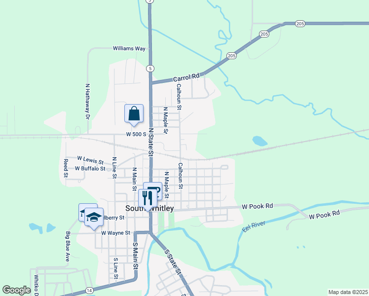 map of restaurants, bars, coffee shops, grocery stores, and more near 300-356 Calhoun St in South Whitley